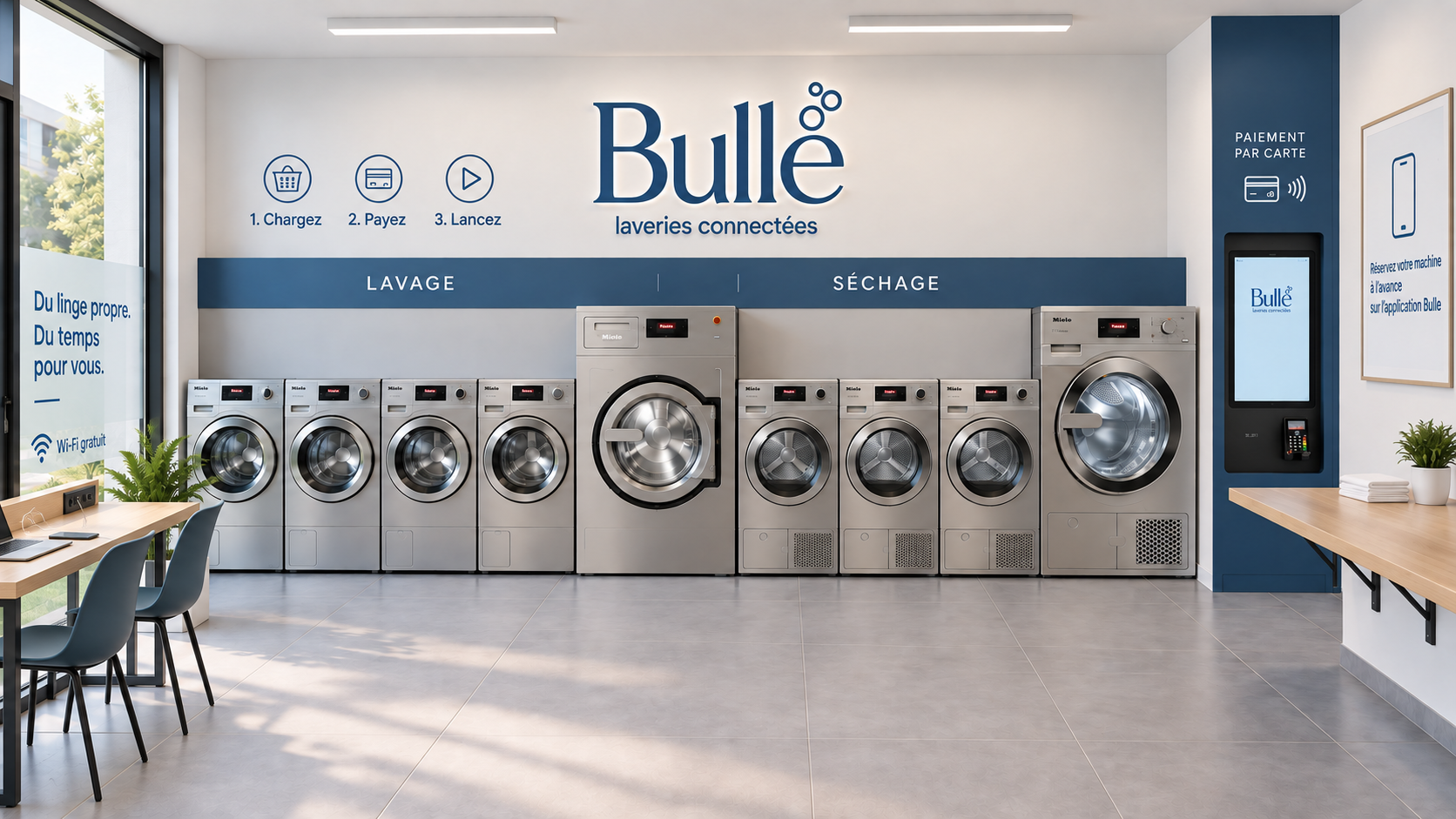 Concept d’aménagement intérieur Bulle : neuf machines alignées, paiement par carte à droite, places de travail et recharge près de la vitrine, et table de pliage séparée.